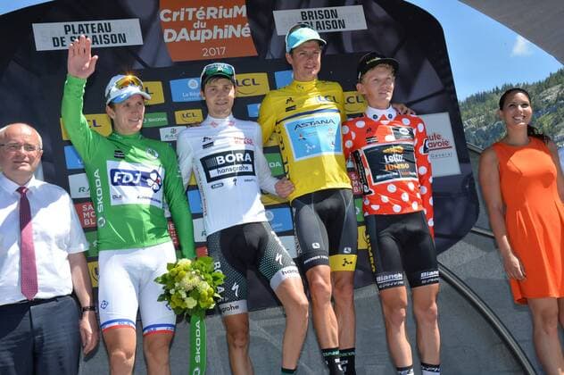 11-06-2017 Criterium Du Dauphine Libere; Tappa 08 Albertville - Plateau De Solaison; 2017, Fdj; 2017, Bora - Hansgrohe; 2017, Astana; 2017, Lotto Nl - Jumbo; Demare, Arnaud; Buchmann, Emanuel; Fuglsang, Jacob; Bouwman, Koen; Plateau De Solaison; 