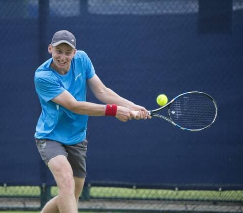 June 11th 2017, Nottingham, England; ATP Tennis Herren Aegon Nottingham Open Tennis Tournament day 2; Backhand from Barnaby Smith of Great Britain who lost by two sets to one to Matthew Ebden of Australia xDavidxKissmanx  ActionPlus11889555