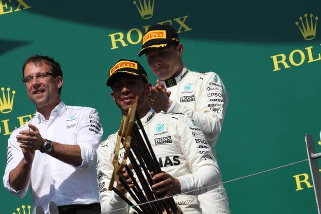 Canadian Grand Prix, Montreal 8 - 11 June 2017 11.06.2017, Podium, winner Lewis Hamilton (GBR) Mercedes AMG F1 W08 , 2nd Valtteri Bottas (FIN) Mercedes AMG F1 W08 and the mercedes Team Representative 