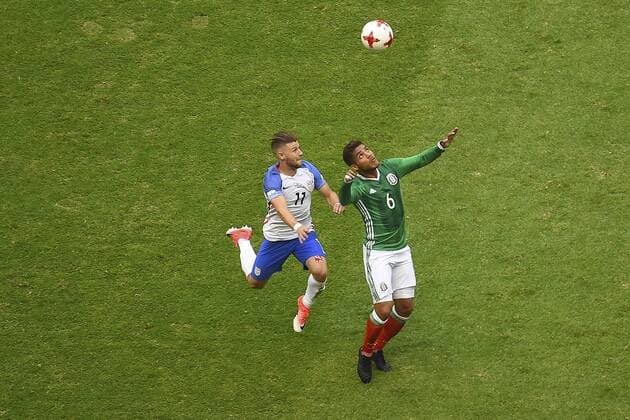 June 11, 2017 - Ciudad De Mexico, MEXICO, MEXICO - Action photo during the match Mexico vs USA, Corresponding to the Hexagonal Final of the Qualifying of the CONCACAF course for the 2018 FIFA World Cup WM Weltmeisterschaft Fussball Russia, at Azteca Stadium. ..Foto de accion durante el partido Mexico vs Estados Unidos, Correspondiente al Hexagonal Final de las Eliminatorias de la CONCACAF rumbo a la Copa Mundial de la FIFA Rusia 2018, en el Estadio Azteca, en la foto: Jonathan Dos Santos Mexico y Paul Arriola Estados Unidos..11 06 2017 MEXSPORT Paul Arriola, Jonathan Dos Santos - ZUMAt139 20170611_zaa_t139_022 Copyright: xOsvaldoxAguilarx