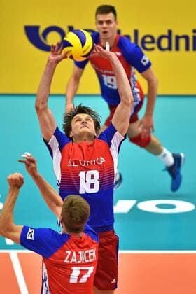 From left ADAM ZAJICEK, JAKUB JANOUCH, PETR MICHALEK of Czech Republic in action during the match FIVB World League Czech Republic vs Portugal in Ceske Budejovice, Czech Republic, June 11, 2017. (CTKxPhoto VaclavxPancer) CTKPhotoP201706110579601  VPC_16K