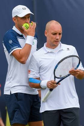 Luxembourgish Gilles Muller and Belgian Steve Darcis pictured during a first round game between Belgian Steve Darcis and Luxembourg s Gilles Muller against US Scott Lipsky and Indian Leander Paes in the men s doubles during the Ricoh Open ATP Tennis Herren tennis tournament in Rosmalen, the Netherlands, Monday 12 June 2017. LUCxCLAESSEN  x05111877x