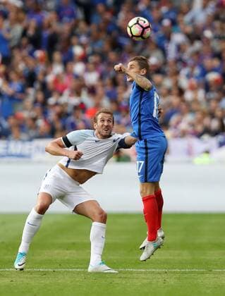 France s Lucas Digne tussles with England s Harry Kane during the Friendly match at Stade De France Stadium, Paris Picture date 13th June 2017. Picture credit should read: David Klein Sportimage EDITORIAL USE ONLY. No use with unauthorised audio, video, data, fixture lists, club league logos or live services. Online in-match use limited to 120 images, no video emulation. No use in betting, games or single club league player publications.