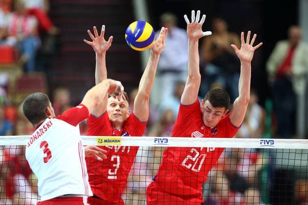 Katowice , Hala Spodek 15.06.2017 , Siatkowka Reprezentacja , Kadra , Liga Swiatowa 2017 Runda eliminacyjna , Grupa 1 Polska - Rosja NZ Dawid Konarski ( POL ) Dmitry Kovalev ( RUS ) Ilyas Kurkaev ( RUS ) FOT Michal Nowak Newspix.pl Katowice , Spodek Hall 15.06.2017 Sport , Volleyball National Teams , World League 2017 Preliminary Round Group 1 Poland - Russia photo by Michal Nowak Newspix.pl --- Newspix.pl  170615MIN100