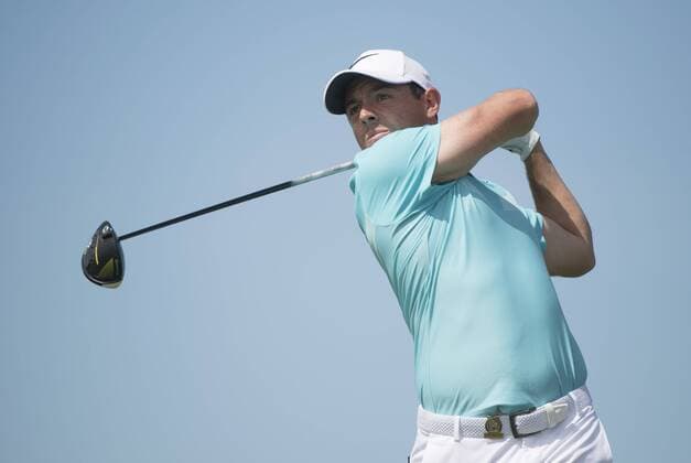 Rory McIlroy watches his drive off the 18th tee during round 2 of the 117th U.S. Open golf tournament at Erin Hill golf course in Erin, Wisconsin on June 16, 2017.  WIS20170616322 KEVINxDIETSCH