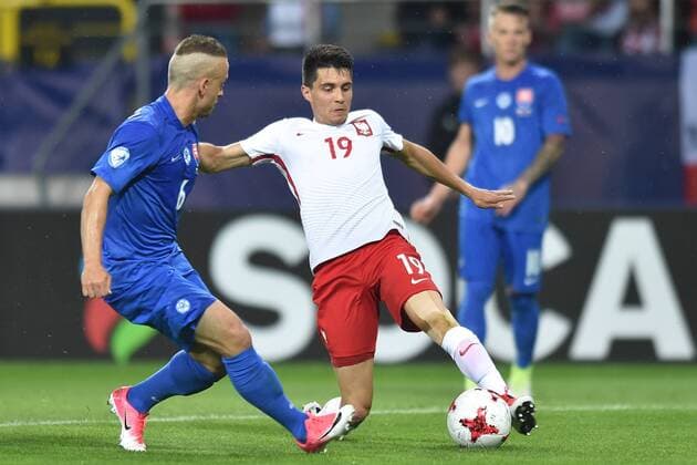 Stanislav Lobotka and Bartosz Kapustka during the UEFA European Under-21 match between Poland and Slovakia at Arena Lublin on June 16, 2017 in Lublin, Poland. 
