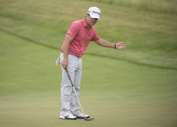 Brian Harman reacts to a missed putt on the 11th green during round 3 of the 117th U.S. Open golf tournament at Erin Hill golf course on June 17, 2017 in Erin, Wisconsin.  WIS20170617330 KEVINxDIETSCH