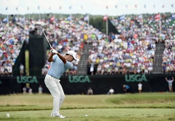 Si Woo Kim tees off on the 9th hole during round 3 of the 117th U.S. Open golf tournament at Erin Hill golf course on June 17, 2017 in Erin, Wisconsin.  WIS20170617118 BRIANxKERSEY