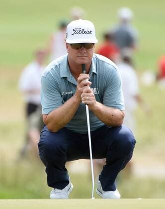 Charley Hoffman lines up his putt on the 8th hole during round 3 of the 117th U.S. Open golf tournament at Erin Hill golf course on June 17, 2017 in Erin, Wisconsin.  BK18299 BRIANxKERSEY