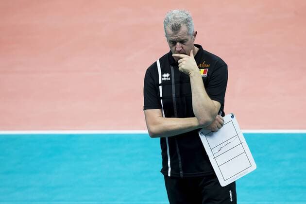 Red Dragons head coach Vital Heynen looks dejected after a World League game between the Red Dragons, Belgian national volleyball team and France, Sunday 18 June 2017, at the Lotto Arena in Antwerp. KRISTOFxVANxACCOM  x05114723x