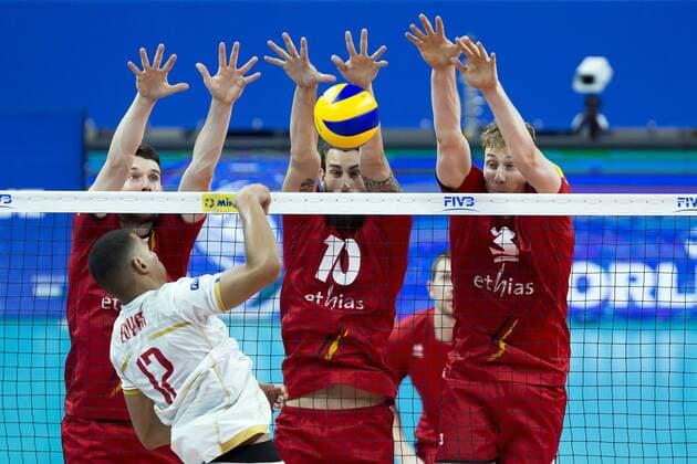 Red Dragons Matthias Valkiers, Red Dragons Simon Van De Voorde and Red Dragons Sam Deroo pictured in action during a World League game between the Red Dragons, Belgian national volleyball team and France, Sunday 18 June 2017, at the Lotto Arena in Antwerp. KRISTOFxVANxACCOM  x05114728x