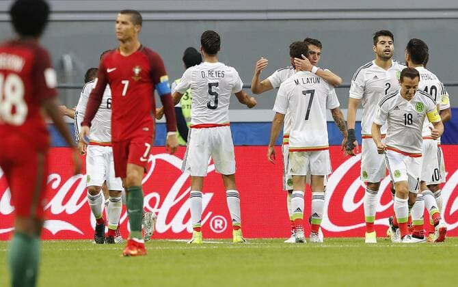 Portugal vs. Mexico KAZAN, RT - 18.06.2017: PORTUGAL VS. MEXICO - MORENO Hector of Mexico celebrates the equalizer goal during a match between Portugal and Mexico in the first round of the 2017 Confederations Cup on Sunday (18) held at the Kazan Arena in Kazan, Ssia (Photo: Rodolfo Buhrer La Imagem Fotoarena) x1339406x  RodolfoxBuhrer