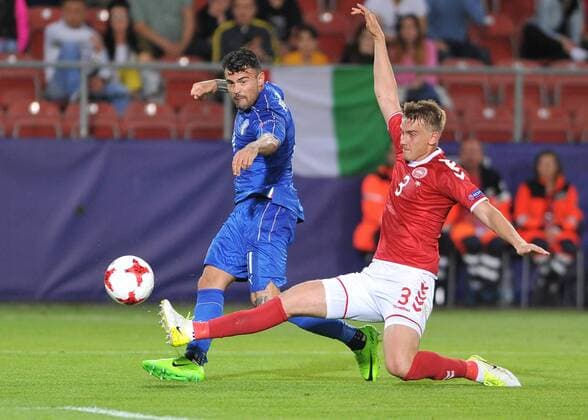 Fußball, U21 EM, Dänemark - Italien 2017.06.18 Krakow Pilka Nozna Mistrzostwa Europy U21 U 21 Dania - Wlochy N z Andrea Petagna, Andreas Maxso Foto Rafal Rusek PressFocus 2017.06.18 Krakow Football UEFA Under21 Championship Poland 2017 Denmark - Italy Andrea Petagna, Andreas Maxso Credit: Rafal Rusek PressFocus NEWSPIX.PL --- Newspix.pl FRANCE OUT!  20170618PF_RR286