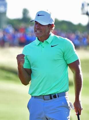 Brooks Koepka clenches his fist after winning the 117th U.S. Open golf tournament at Erin Hills golf course on June 18, 2017, in Erin, Wisconsin.  WIS20170618570 KEVINxDIETSCH