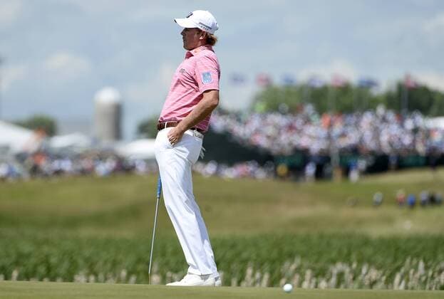 Brandt Snedeker reacts after missing a putt on the first hole during the final round of the 117th U.S. Open golf tournament at Erin Hills golf course on June 18, 2017, in Erin, Wisconsin.  WIS20170618512 BRIANxKERSEY