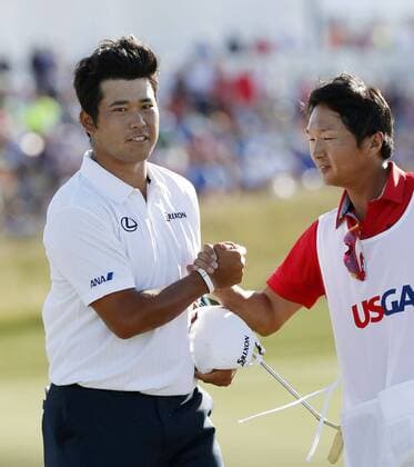 Golf: Japan s Matsuyama finishes 2nd at U.S. Open Japan s Hideki Matsuyama (L) celebrates with his caddie after shooting a 6-under 66 to finish in a tie for second on 12-under 276 at the U.S. Open at Erin Hills in Erin, Wisconsin, on June 18, 2017. American Brooks Koepka won with 16-under. 