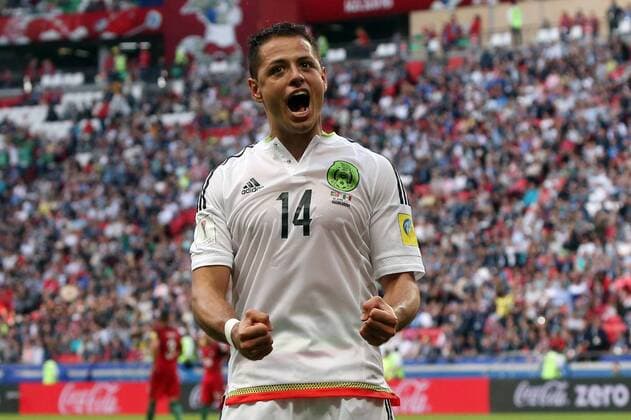 KAZAN, RUSSIA â€“ JUNE 18, 2017: Mexico s Javier Hernandez reacts after scoring in their 2017 FIFA Confederations Cup Group A football match against Portugal at Kazan Arena Stadium. The game ended in a 2-2 draw. Stanislav Krasilnikov TASS  TS0538AB
