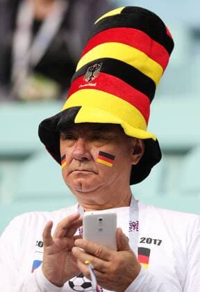 SOCHI, RUSSIA - JUNE 19, 2017: Germany s fan roots for his team in the 2017 FIFA Confederations Cup Group B football match against Australia at Fisht Stadium. The German team won the game 3-2. Artyom Korotayev TASS  TS053B60
