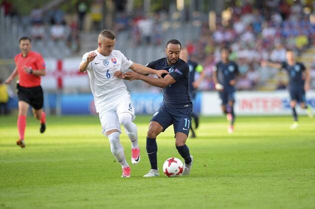 KIELCE 19.06.2017 MECZ GRUPA A MISTRZOSTWA EUROPY U-21 W PILCE NOZNEJ 2017: SLOWACJA - ANGLIA --- 2017 UEFA EUROPEAN U21 U 21 CHAMPIONSHIP MATCH: SLOVAKIA - ENGLAND NATHAN REDMOND STANISLAV LOBOTKA FOT. KAROL BARWICKI 400mm.pl NEWSPIX.PL --- Newspix.pl FRANCE OUT!  170619BAR019