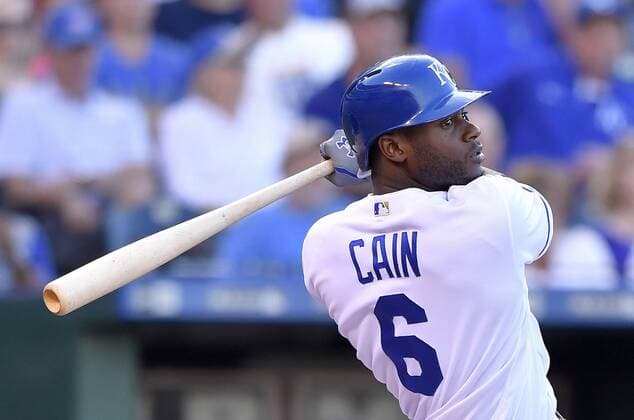 June 19, 2017 - Kansas City, MO, USA - Kansas City Royals Lorenzo Cain follows through on a single in the first inning against the Boston Red Sox on Monday, June 19, 2017 at Kauffman Stadium in Kansas City, Mo. Boston Red Sox vs. Kansas City Royals - ZUMAm67_ 20170619_zaf_m67_025 Copyright: xJohnxSleezerx