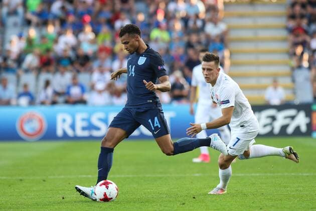 June 19, 2017 - Kielce, Poland - Jacob Murphy (ENG), Jaroslav Mihalik (SLO) during the UEFA U-21 European Championship EM Europameisterschaft Group A football match Slovakia vs England in Kielce, Poland on June 19, 2017. Slovakia v England - 2017 UEFA European Under-21 Championship  - ZUMAn230 20170619_zaa_n230_473 Copyright: xFotoxOlimpikx