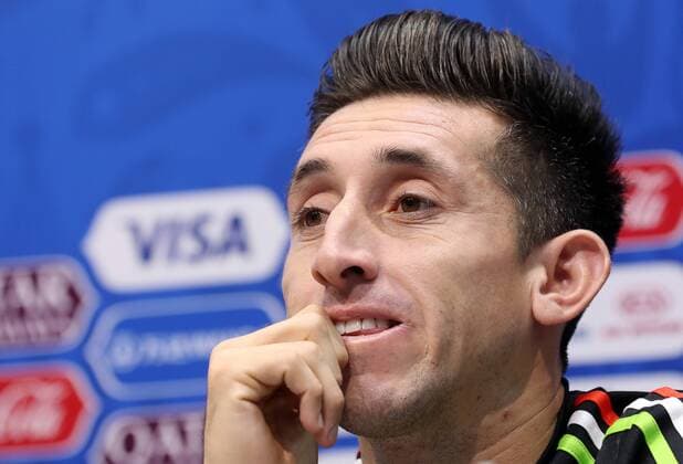 SOCHI, RUSSIA â€“ JUNE 20, 2017: Hector Herrera, midfielder of the Mexican national football team, looks on at a news conference ahead of the upcoming 2017 FIFA Confederations Cup match against New Zealand. Artyom Korotayev TASS  TS053D33