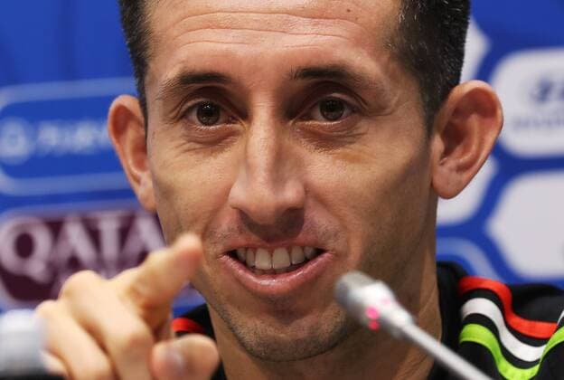 SOCHI, RUSSIA â€“ JUNE 20, 2017: Hector Herrera, midfielder of the Mexican national football team, gestures at a news conference ahead of the upcoming 2017 FIFA Confederations Cup match against New Zealand. Artyom Korotayev TASS  TS053D37