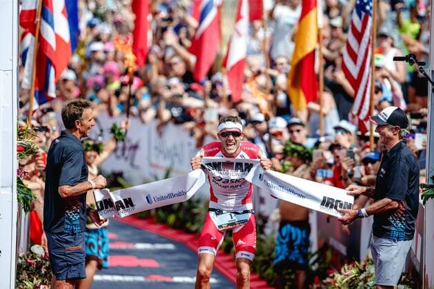 2016 Ironman World Champion Jan Frodeno on the finish line in Kona, Hawaii. Iron Man PhotoNews Panoramic 