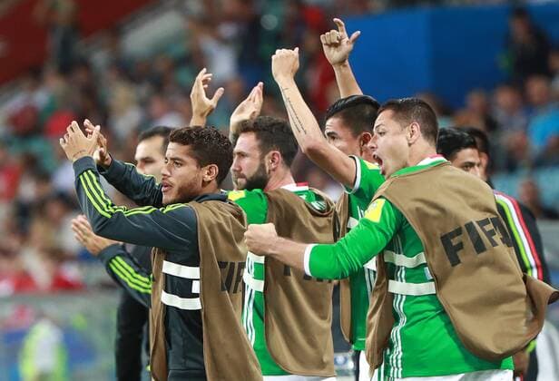 SOCHI, RUSSIA â€“ JUNE 21, 2017: Mexico s players celebrate scoring in the 2017 FIFA Confederations Cup Group A match against New Zealand at Fisht Stadium. Sergei Fadeichev TASS  TS0541C9