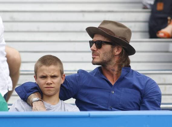 June 22nd 2017, Queens Club, West Kensington, London; Aegon Tennis Championships, Day 4; Former Manchester United ManU and England footballer David Beckham with son Romeo on the Centre Court at Queens today for the match between Sam Querrey (USA) and Jordan Thompson (AUS) xAlanxMartinx  ActionPlus11892973