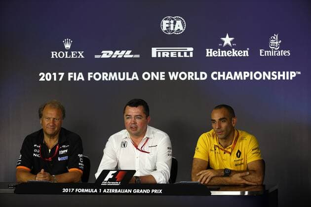 Azerbaijan Grand Prix, Baku 22 - 25 June 2017 23.06.2017 - press conference PK Pressekonferenz Robert Fernley (GBR) Sahara Force India F1 Team Deputy Team Principal, Eric Boullier (FRA) McLaren Racing Director and Cyril Abiteboul (FRA) Renault F1 Managing Director 
