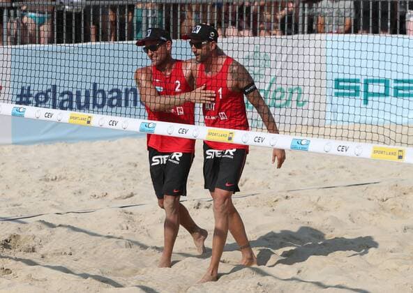 Beach volleyball Beachvolleyball - CEV EC 2017 BADEN,AUSTRIA,24.JUN.17 - BEACH VOLLEYBALL - CEV European Beach Volleyball Championships, men. Image shows the rejoicing of Alex Horst (AUT) and Clemens Doppler (AUT). GEPAxpictures xChristianxOrt