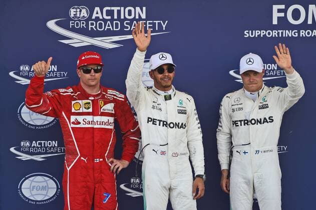 die ersten der Qualifikation Kimi Raikkoenen (Scuderia Ferrari), Lewis Hamilton (Mercedes AMG Petronas Formula One Team) und Valtteri Bottas (Mercedes AMG Petronas Formula One Team), Grosser Preis von Aserbaidschan 2017, Qualifikation, Motorsport, Formel 1, 24.06.2017, Baku Copyright: xAndre Eibner-Pressefotox EP_JAE
