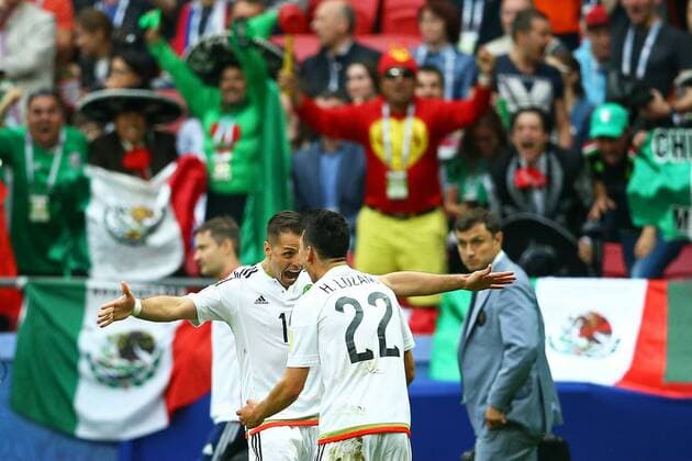 Mexico vs. Russia SAO PETERSBURGO, MO - 24.06.2017: MEXICO VS. RUSSIA - Hirving Lozano of Mexico celebrates his goal with Javier Hernandez during a match between Mexico and Russia valid for the third round of the 2017 Confederations Cup on Saturday (24) held at the Kazan Arena in Kazan, Russia. (Photo: Heuler Andrey DiaEsportivo Fotoarena) x1343548x  HeulerxAndrey