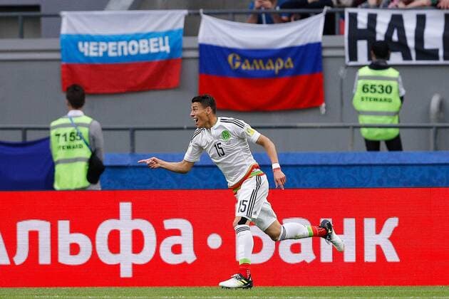 Mexico vs. Russia SAO PETERSBURGO, MO - 24.06.2017: MEXICO VS. RUSSIA - MORENO Hector of Mexico celebrates after scoring a goal that was canceled by the referee during a match between Mexico and Russia valid for the third round of the Confederations Cup 2017 on Saturday (24) held Arena Kazan in Kazan, Russia. (Photo: Marcelo Machado de Melo Fotoarena) x1343554x  MarceloxMachadoxdexMelo