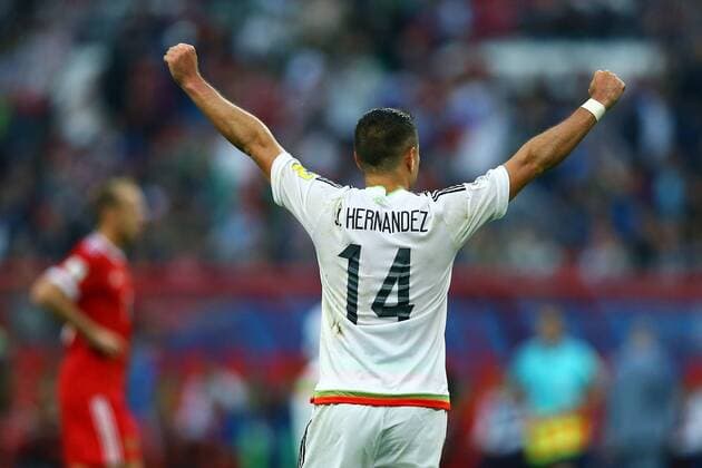 Mexico vs. Russia SAO PETERSBURGO, MO - 24.06.2017: MEXICO VS. RUSSIA - Javier Hernandez of Mexico celebrates his team& 39;s vry afy after Mexico-Russia match valid for the third round of th17 Confederations Cup on Saturday (24) held eld at the Kazan Arena in Kazan, Russia. (Photo: Heuler Andrey DiaEsportivo Fotoarena) x1343599x  HeulerxAndrey