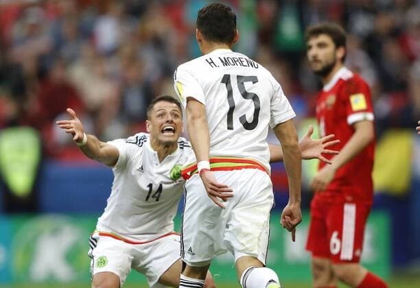 Mexico vs. Russia SAO PETERSBURGO, MO - 24.06.2017: MEXICO VS. RUSSIA - MORENO Hector of Mexico celebrates his goal with HERNANDEZ Javier during a match between Mexico and Russia valid for the third round of the Confederations Cup 2017 on Saturday (24) held at Kazan Arena Stadium in Kazan, Russia. (Photo: Rodolfo Buhrer La Imagem Fotoarena) x1343612x  RodolfoxBuhrer