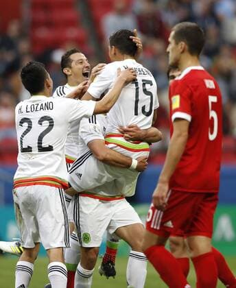 Mexico vs. Russia SAO PETERSBURGO, MO - 24.06.2017: MEXICO VS. RUSSIA - MORENO Hector of Mexico celebrates his goal with HERNANDEZ Javier during a match between Mexico and Russia valid for the third round of the Confederations Cup 2017 on Saturday (24) held at Kazan Arena Stadium in Kazan, Russia. (Photo: Rodolfo Buhrer La Imagem Fotoarena) x1343614x  RodolfoxBuhrer