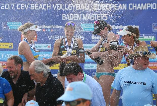 Beach volleyball Beachvolleyball - CEV EC 2017 BADEN,AUSTRIA,24.JUN.17 - BEACH VOLLEYBALL - CEV European Beach Volleyball Championships, ladies. Image shows the rejoicing of Ekaterina Birlova (RUS), Chantal Laboureur (GER) and Julia Sude (GER). GEPAxpictures xChristianxOrt