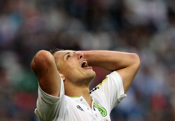 KAZAN, RUSSIA - JUNE 24, 2017: Mexico s Javier Hernandez celebrates a goal against Russia in their 2017 FIFA Confederations Cup First Stage Group A football match at Kazan Arena Stadium; Mexico won the game 2-1. Yegor Aleyev TASS  TS054A0A