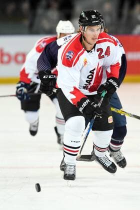 24th June 2017; Hisense Arena, Melbourne, Victoria, Australia; Hungry Jack International Ice hockey Eishockey challenge, Canada versus USA; Adam Cracknell of Canada heading forward with the puck xMorganxHancockx  ActionPlus11893872