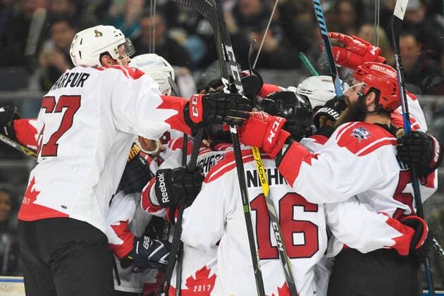 24th June 2017; Hisense Arena, Melbourne, Victoria, Australia; Hungry Jack International Ice hockey Eishockey challenge, Canada versus USA; Canada players celebrating their goal that gave them the series win xMorganxHancockx  ActionPlus11893874