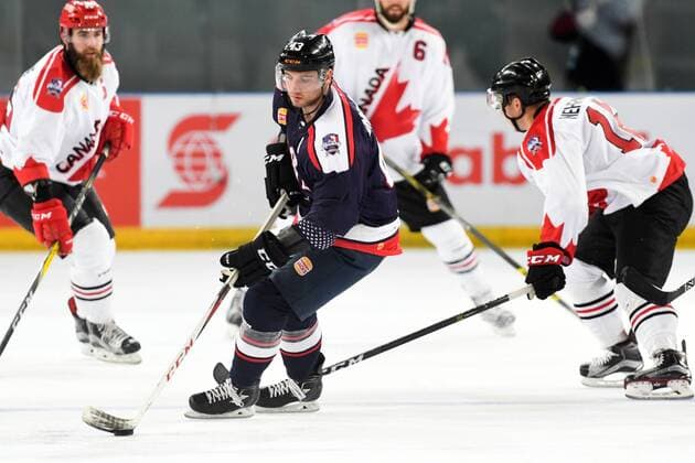 24th June 2017; Hisense Arena, Melbourne, Victoria, Australia; Hungry Jack International Ice hockey Eishockey challenge, Canada versus USA; TJ Brennan of the USA taking possession of the puck xMorganxHancockx  ActionPlus11893851