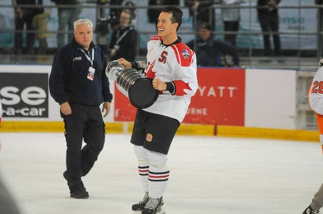 24th June 2017; Hisense Arena, Melbourne, Victoria, Australia; Hungry Jack International Ice hockey Eishockey challenge, Canada versus USA; Kevin Noble of Canada sharing a laugh with team mates whilst holding the trophy that Canada won after winning the series xMorganxHancockx  ActionPlus11893884