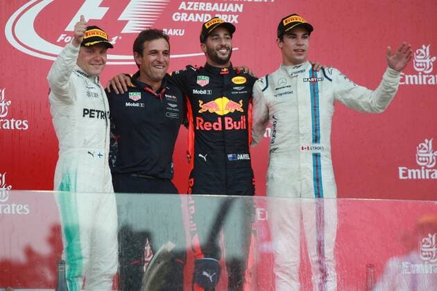 Motorsports: FIA Formula One World Championship WM Weltmeisterschaft 2017, Grand Prix of Europe, 77 Valtteri Bottas (FIN, Mercedes AMG Petronas) 3 Daniel Ricciardo (AUS, Red Bull Racing), 18 Lance Stroll ( CAN, Williams Martini Racing) Baku Azerbaijan xHOCHxZWEIx