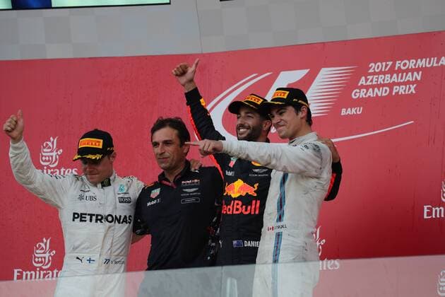 Azerbaijan Grand Prix, Baku 22 - 25 June 2017 25.06.2017 - Race, 1st place Daniel Ricciardo (AUS) Red Bull Racing RB13, 2nd place Valtteri Bottas (FIN) Mercedes AMG F1 W08 and 3rd place Lance Stroll (CDN) Williams FW40 