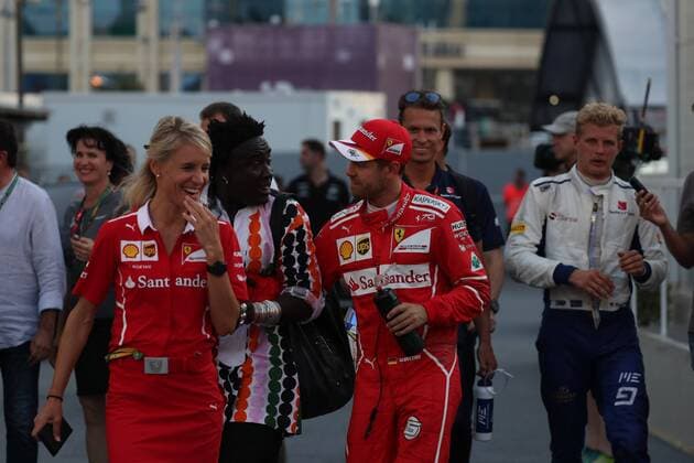 Azerbaijan Grand Prix, Baku 22 - 25 June 2017 25.06.2017 - Race, Britta Roeske (AUT) Ferrari Press Officer. and Sebastian Vettel (GER) Scuderia Ferrari SF70H 
