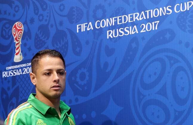 SOCHI, RUSSIA - JUNE 28, 2017: Javier Hernandez of the Mexican national football team attends a press conference PK Pressekonferenz ahead of their 2017 FIFA Confederations Cup semi-final match against Germany. Artyom Korotayev TASS  TS05518B