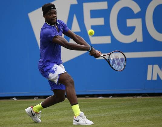 June 28th 2017, Devonshire Park, Eastbourne, England; Aegon International Eastbourne; Day 3; Richard Gasquet (FRA) versus Fances Tiafoe (USA); Tiafoe hits a backhand; Gasquet won his 1st round match 5-7 7-6 6-3 xHongboxChenx  ActionPlus11895038