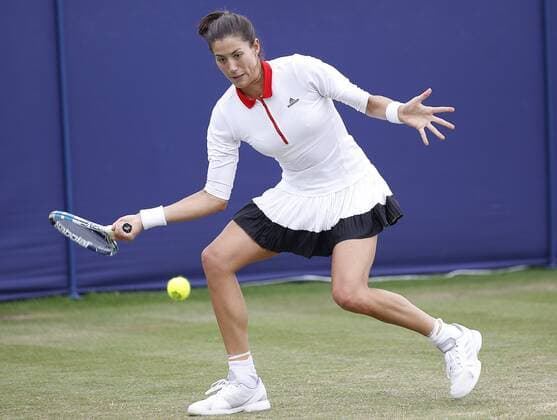 June 28th 2017, Devonshire Park, Eastbourne, England; Aegon International Eastbourne; Day 3; Garbine Muguruza (ESP) versus Barbora Strycova (CZE); Muguruza hits a forehand; Strycova won her 2nd round match 6-1 6-0 xHongboxChenx  ActionPlus11895066